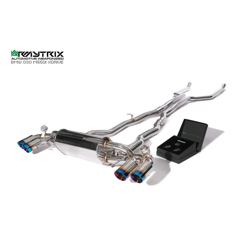 Catback Armytrix en acier inoxydable avec valves, sorties bleues pour BMW Série 5 G30/G31 M550i xDrive